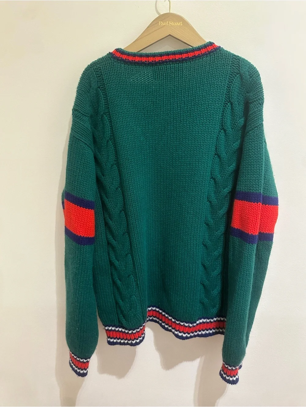 Gucci Cable-Knit V-Neck Sweater with Red & Navy Accents Mens Medium (unisex)
